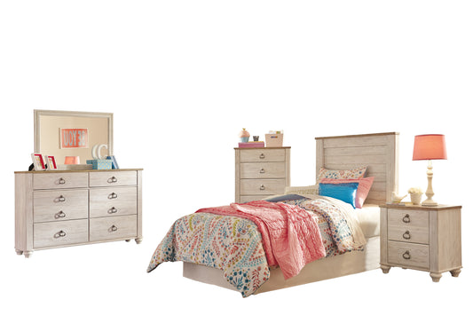 Ashley Willowton 5PC Twin Panel Headboard Bedroom One Nightstand Dresser Mirror Chest in White