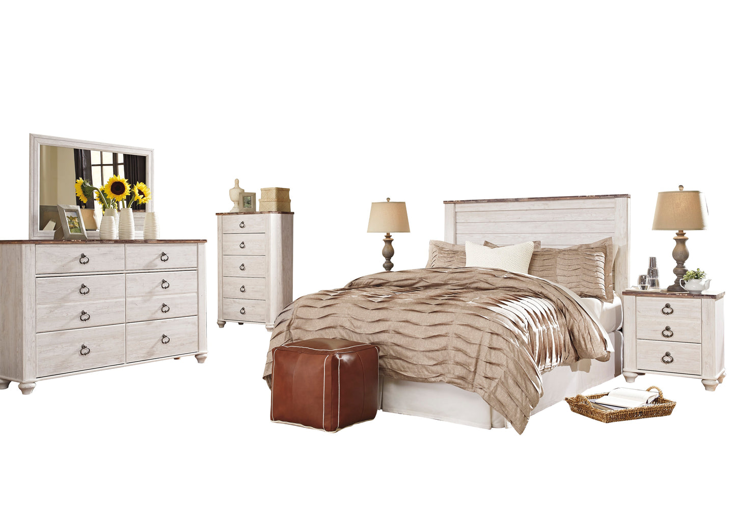 Ashley Willowton 6PC E King Panel Headboard Bedroom Set with Two Nightstand & Chest in White