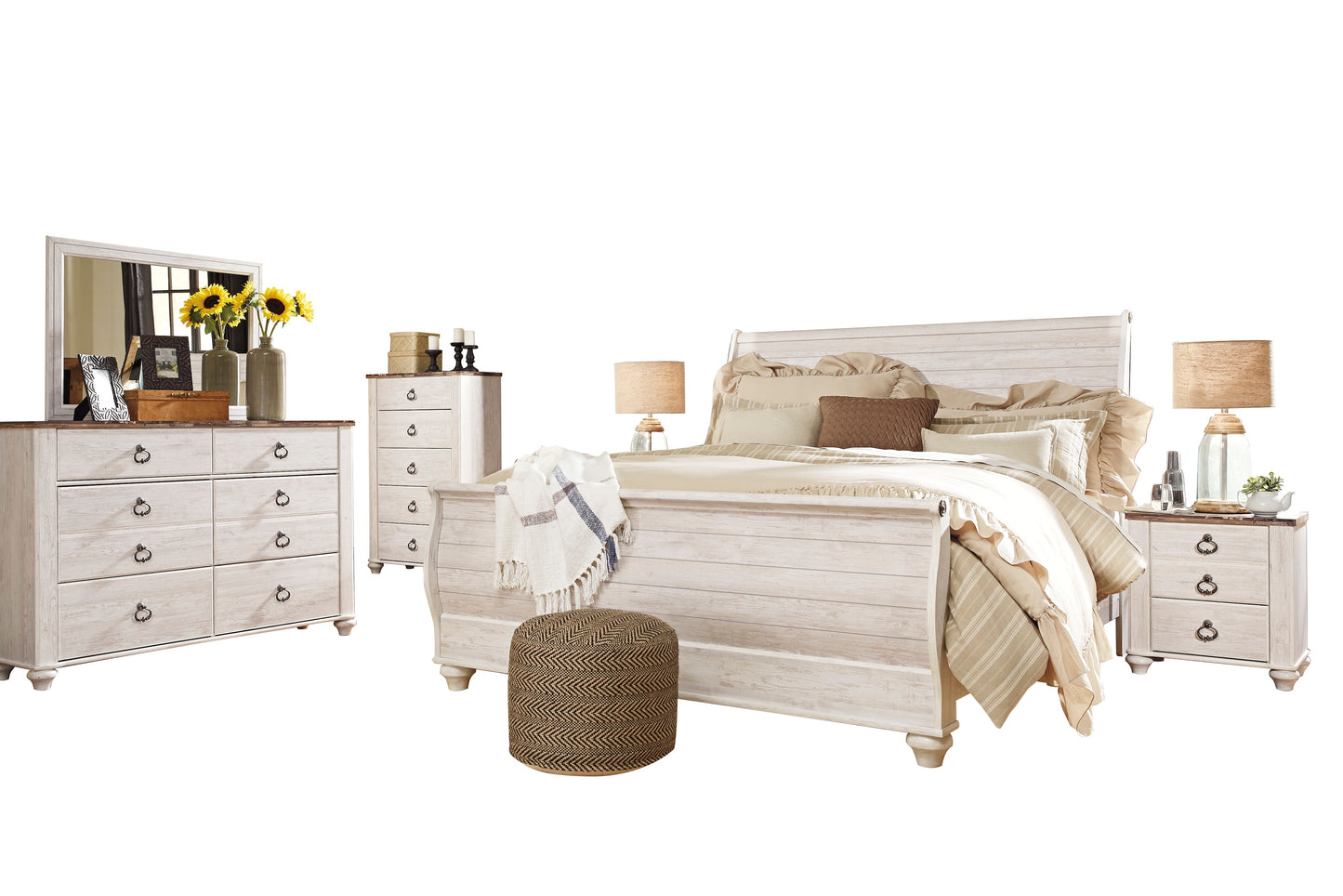 Ashley Willowton 6PC Queen Sleigh Bedroom Set with Two Nightstand & Chest in White