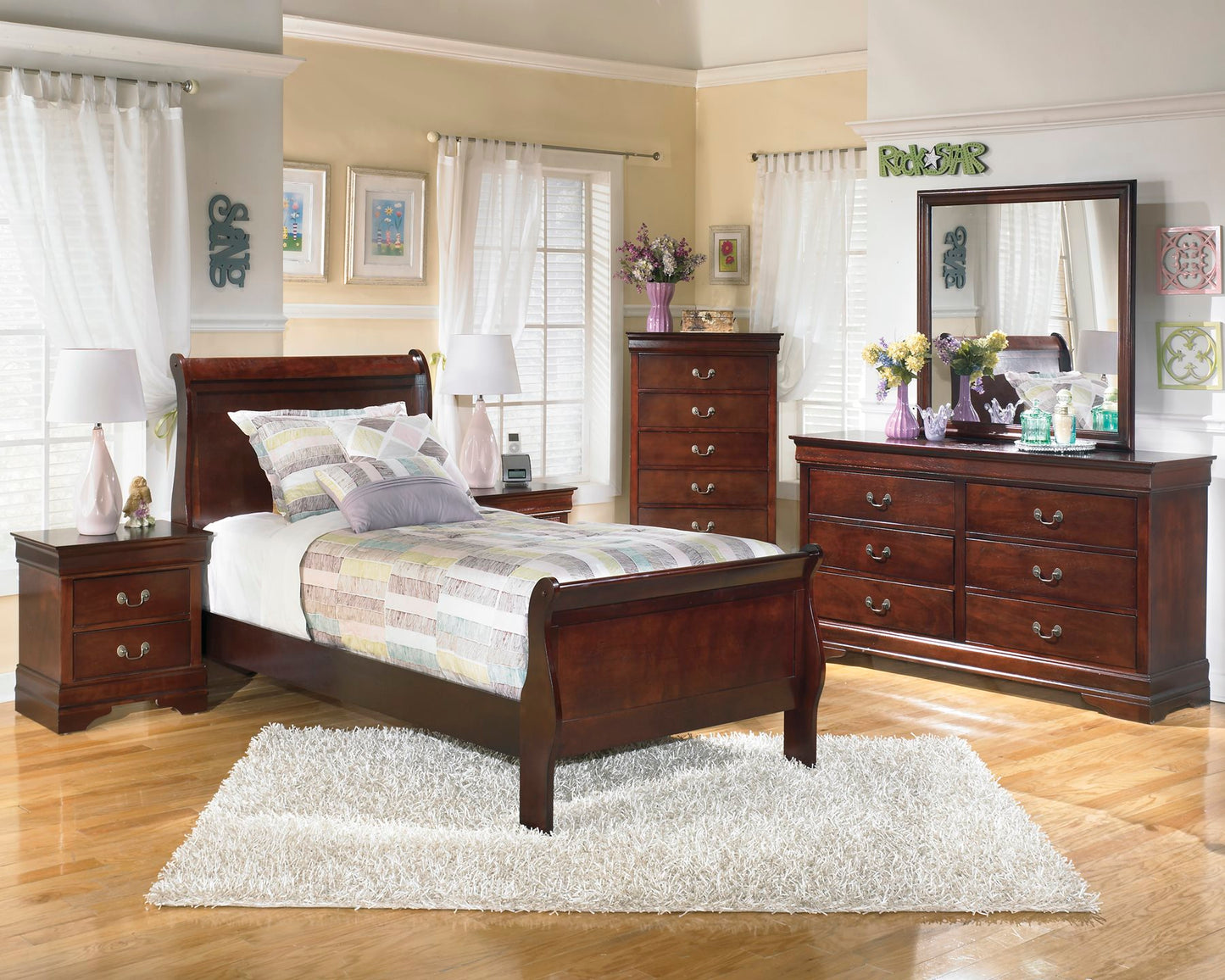 Ashley Alisdair 6PC Bedroom Set Twin Sleigh Bed Two Nightstand Dresser Mirror Chest in Dark Brown - The Furniture Space.