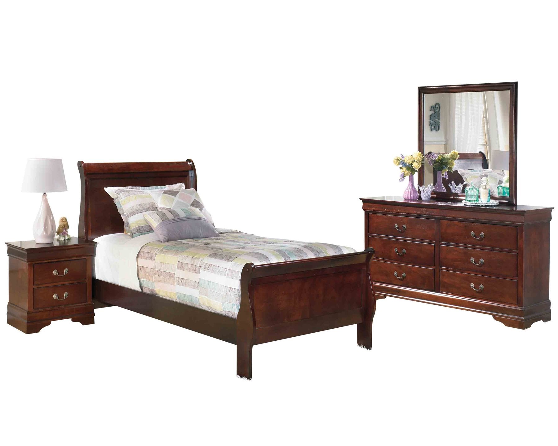 Ashley Alisdair 4PC Bedroom Set Twin Sleigh Bed One Nightstand Dresser Mirror in Dark Brown - The Furniture Space.