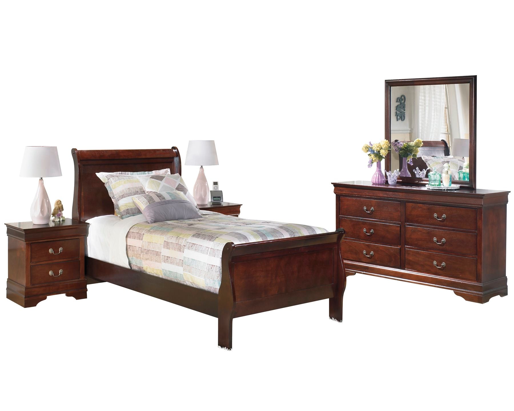 Ashley Alisdair 5PC Bedroom Set Twin Sleigh Bed Two Nightstand Dresser Mirror in Dark Brown - The Furniture Space.
