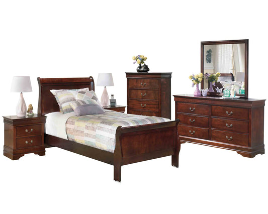 Ashley Alisdair 6PC Bedroom Set Twin Sleigh Bed Two Nightstand Dresser Mirror Chest in Dark Brown - The Furniture Space.