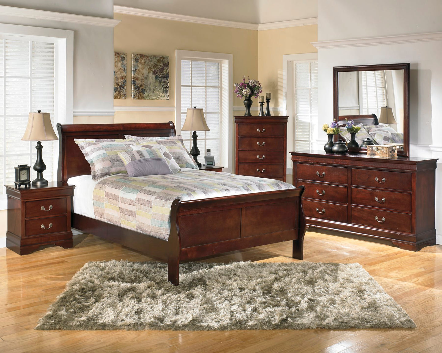 Ashley Alisdair 5PC Bedroom Set Full Sleigh Bed One Nightstand Dresser Mirror Chest in Dark Brown - The Furniture Space.