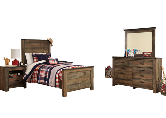 Ashley Trinell 4PC Bedroom Set Twin Panel Bed One Nightstand Dresser Mirror in Brown