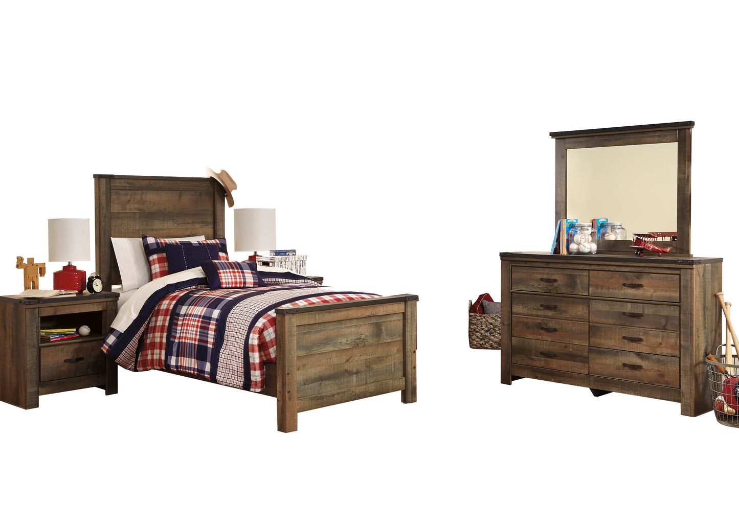 Ashley Trinell 5PC Bedroom Set Twin Panel Bed Two Nightstand Dresser Mirror in Brown
