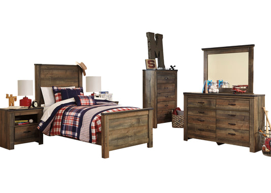 Ashley Trinell 6PC Bedroom Set Twin Panel Bed Two Nightstand Dresser Mirror Chest in Brown