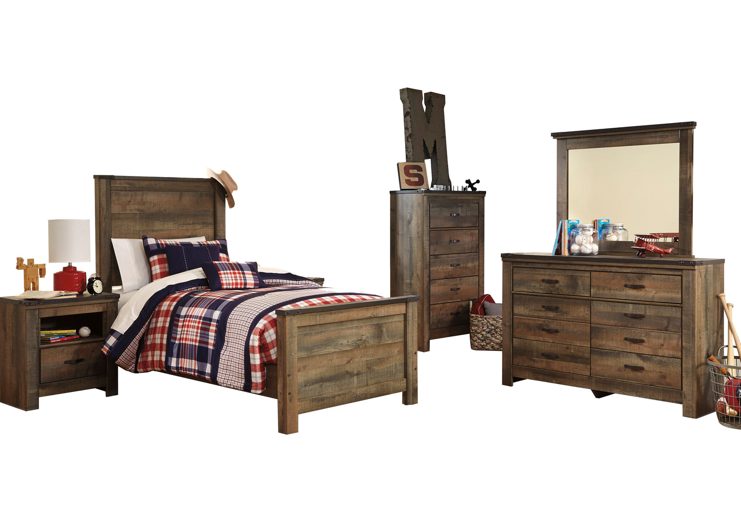 Ashley Trinell 5PC Bedroom Set Full Panel Bed One Nightstand Dresser Mirror Chest in Brown
