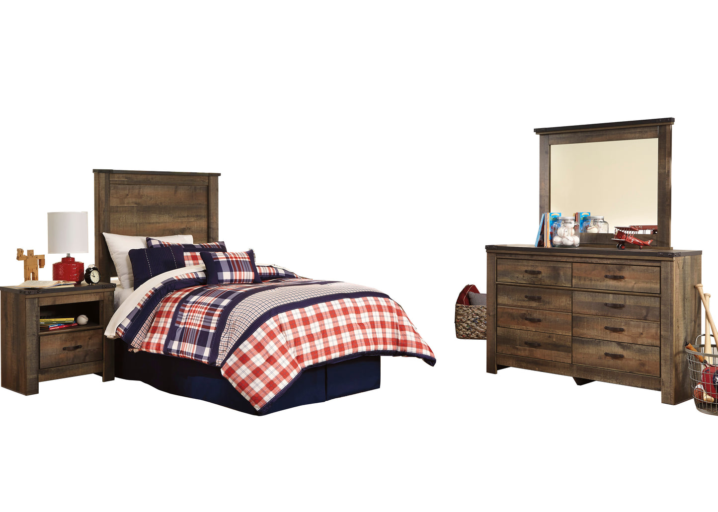 Ashley Trinell 4PC Bedroom Set Twin Panel Headboard One Nightstand Dresser Mirror in Brown