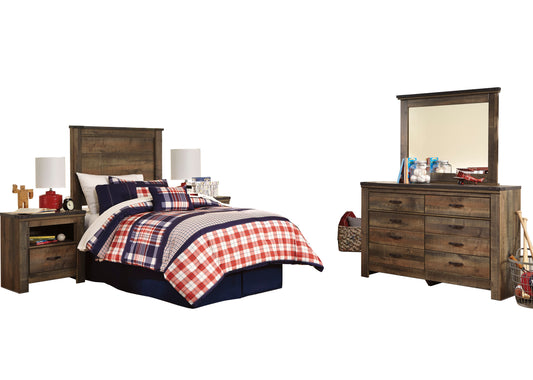 Ashley Trinell 5PC Bedroom Set Twin Panel Headboard Two Nightstand Dresser Mirror in Brown