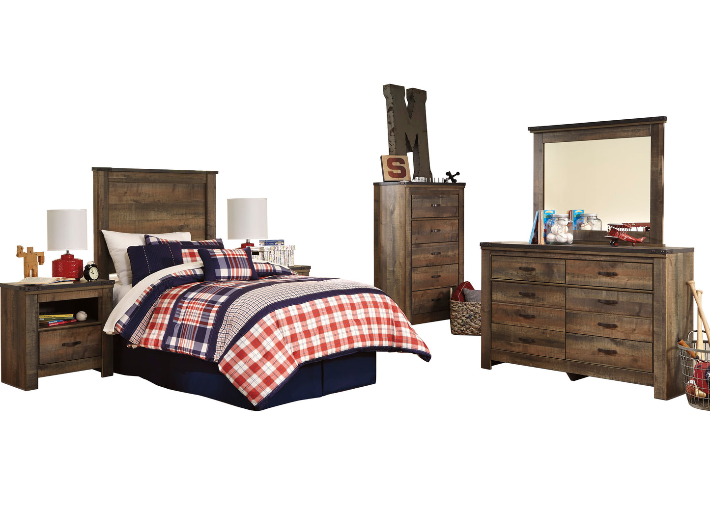 Ashley Trinell 6PC Bedroom Set Full Panel Headboard Two Nightstand Dresser Mirror Chest in Brown