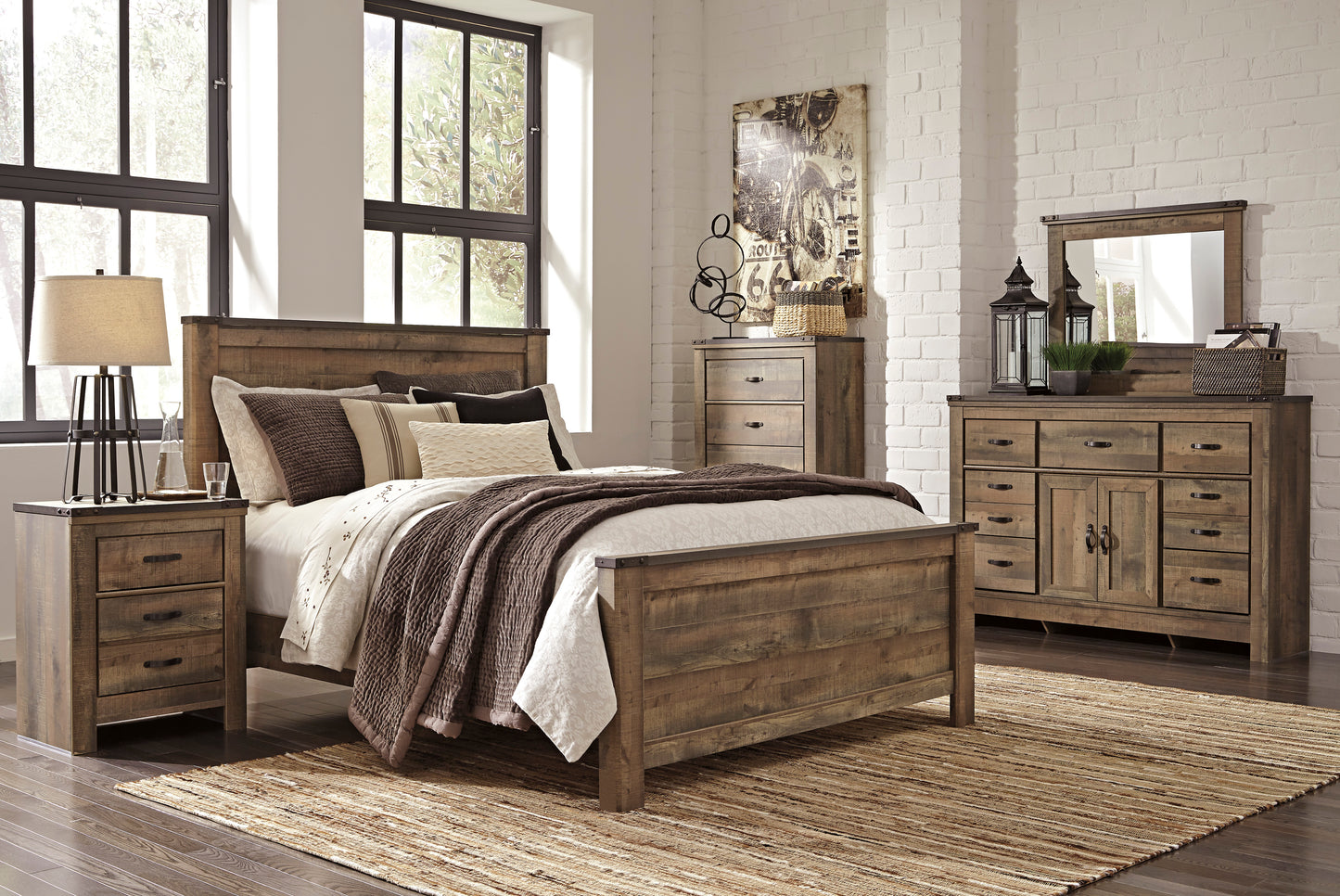 Ashley Trinell 4PC Bedroom Set Queen Panel Bed One Nightstand Dresser Mirror in Brown