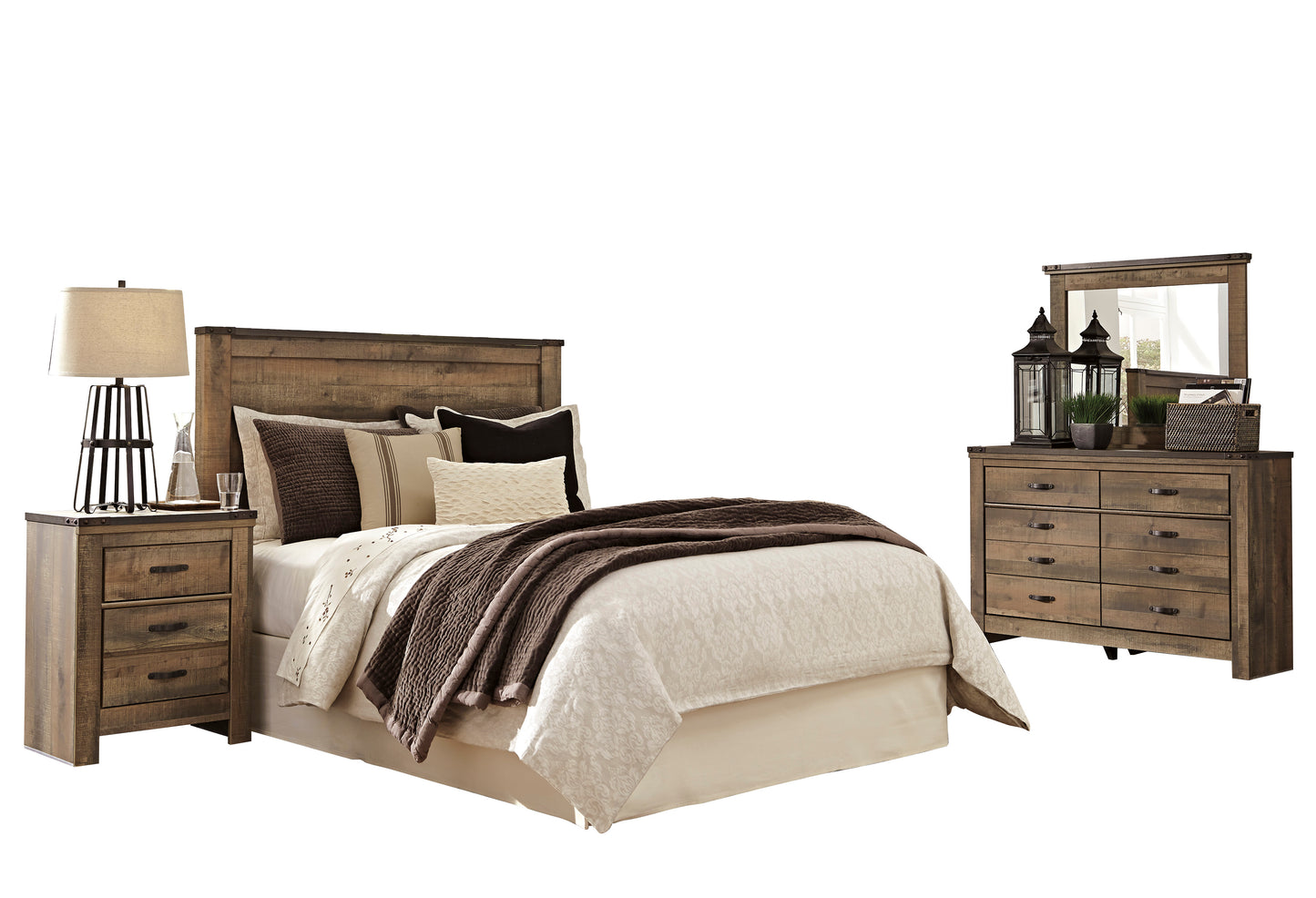 Ashley Trinell 4PC Bedroom Set E King Panel Headboard One Nightstand Dresser Mirror in Brown