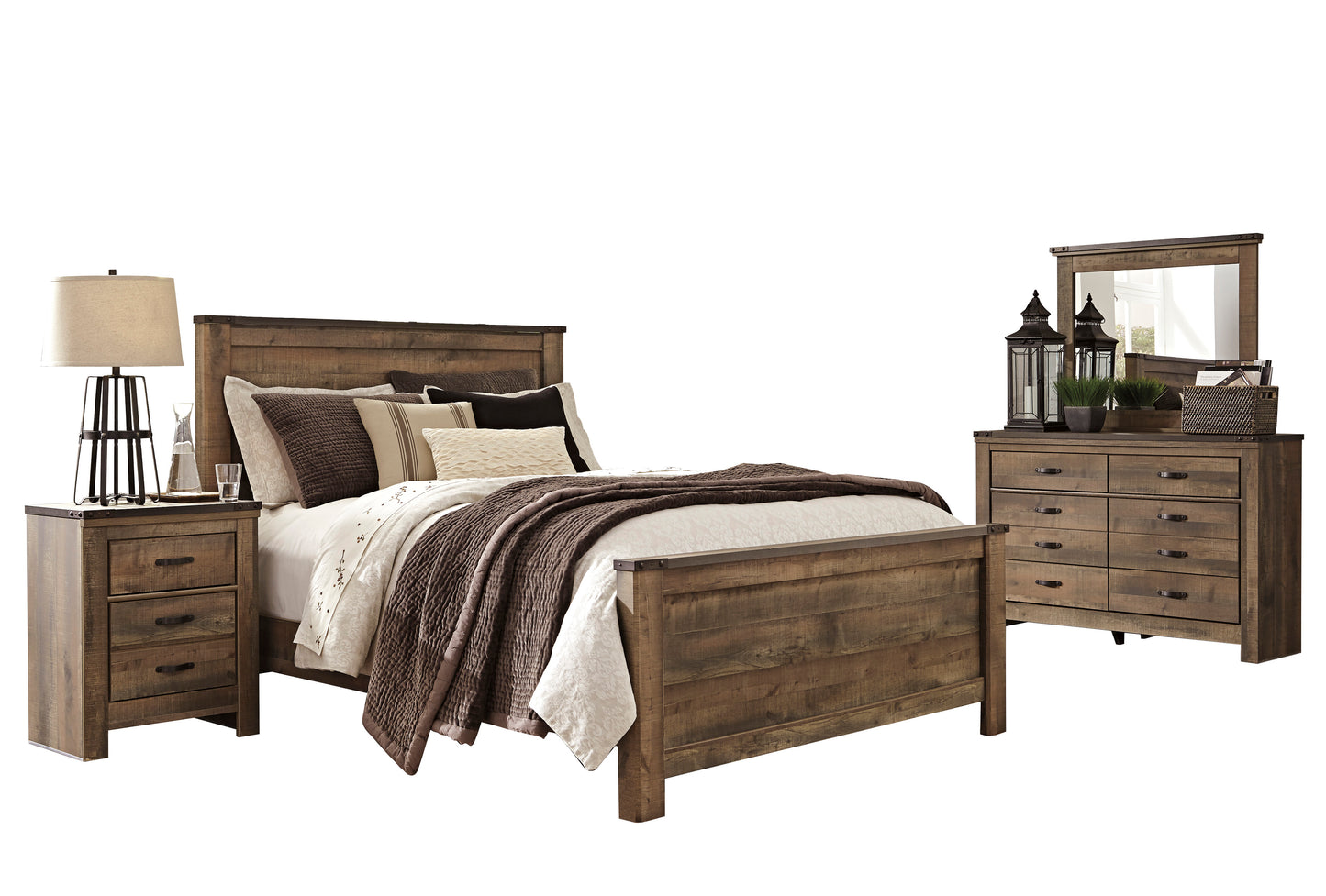 Ashley Trinell 4PC Bedroom Set E King Panel Bed One Nightstand Dresser Mirror in Brown