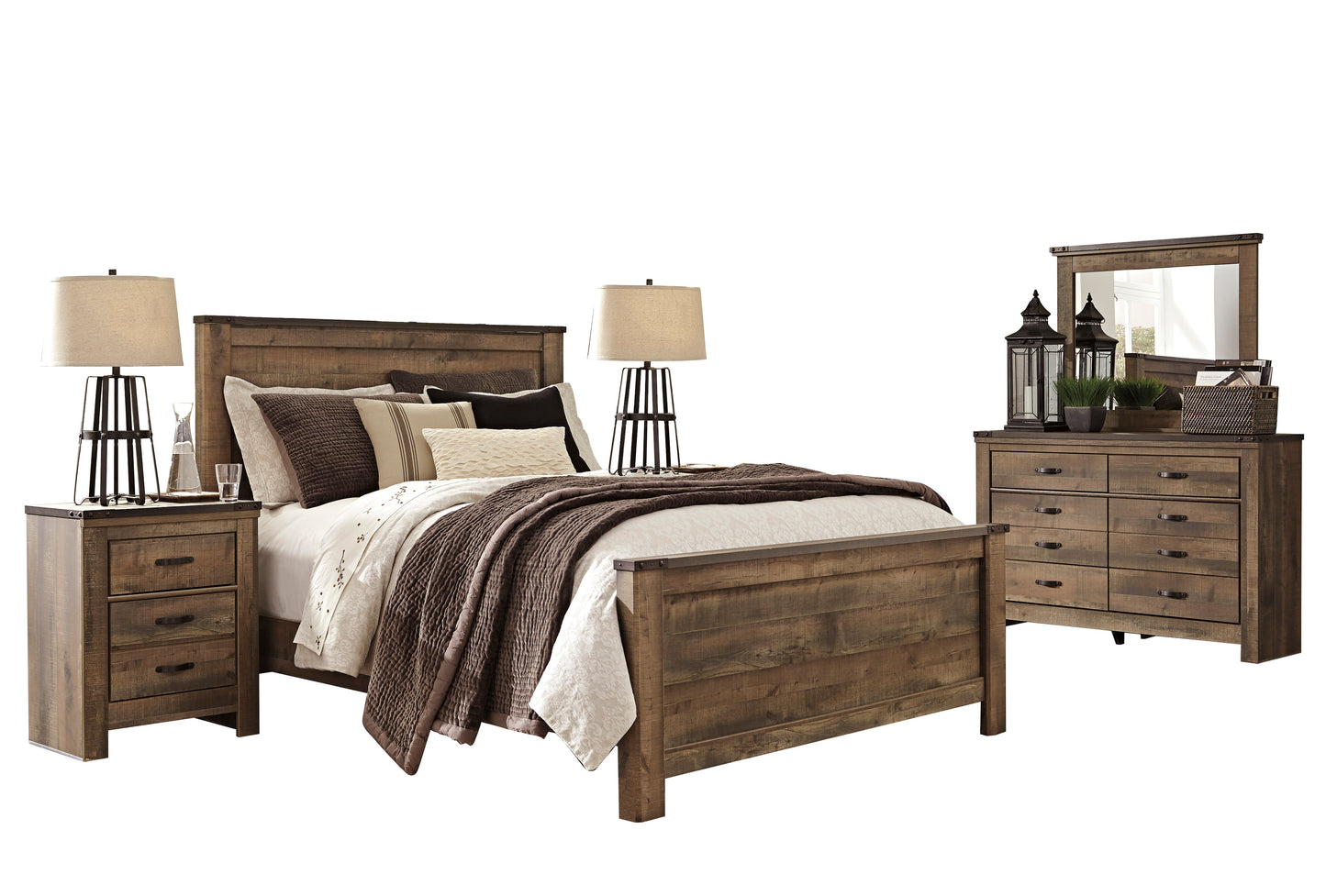 Ashley Trinell 5PC Bedroom Set Queen Panel Bed Two Nightstand Dresser Mirror in Brown