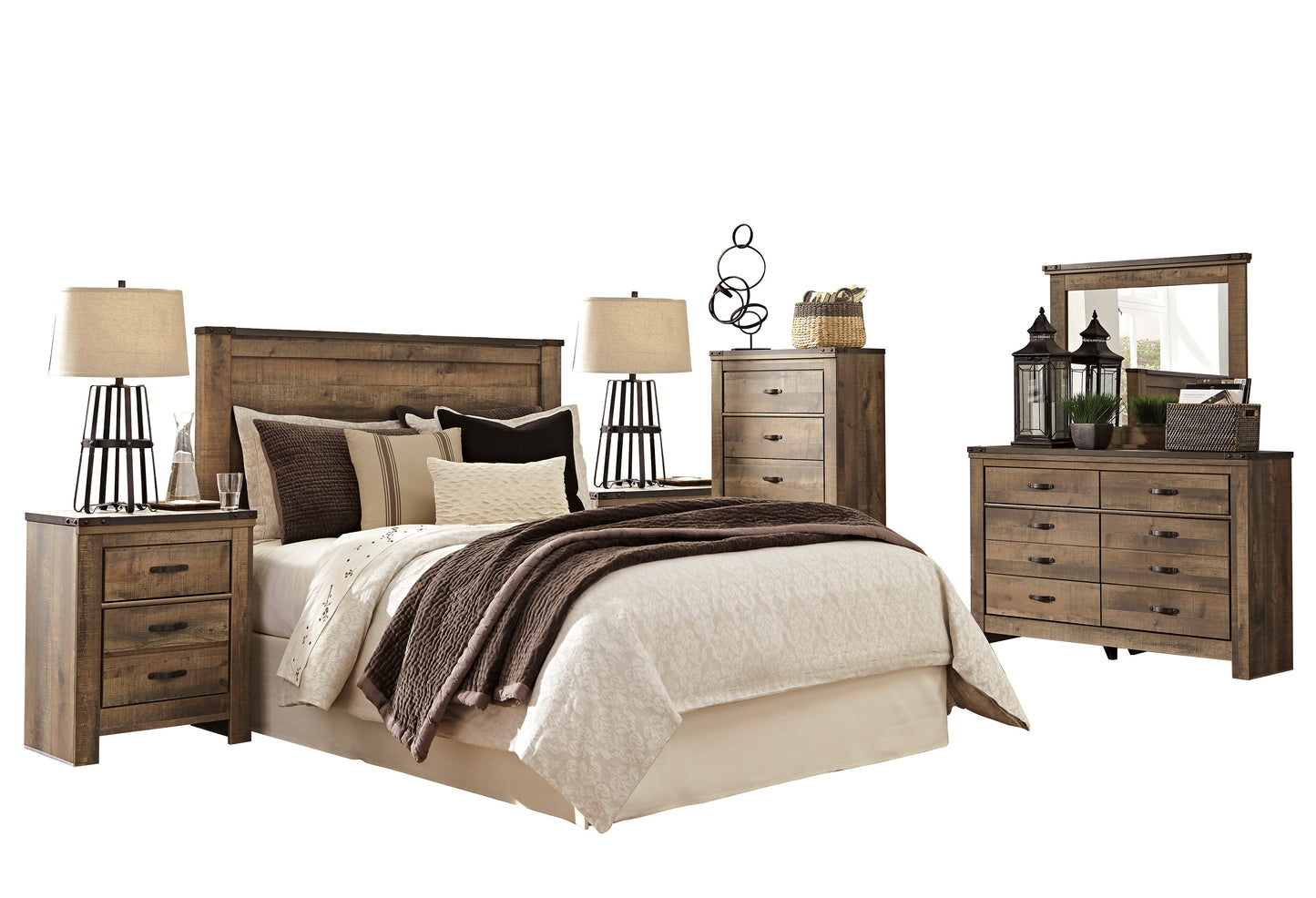 Ashley Trinell 6PC Bedroom Set Queen Panel Headboard Two Nightstand Dresser Mirror Chest in Brown