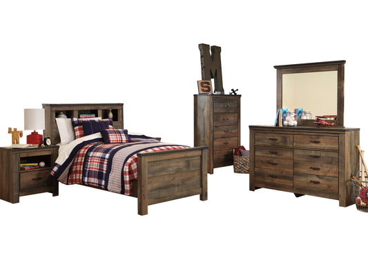 Ashley Trinell 4PC Bedroom Set Full Bookcase Bed One Nightstand Dresser Mirror in Brown