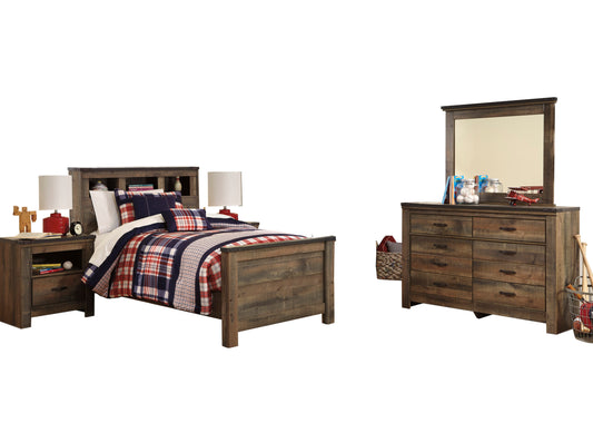 Ashley Trinell 5PC Bedroom Set Full Bookcase Bed Two Nightstand Dresser Mirror in Brown