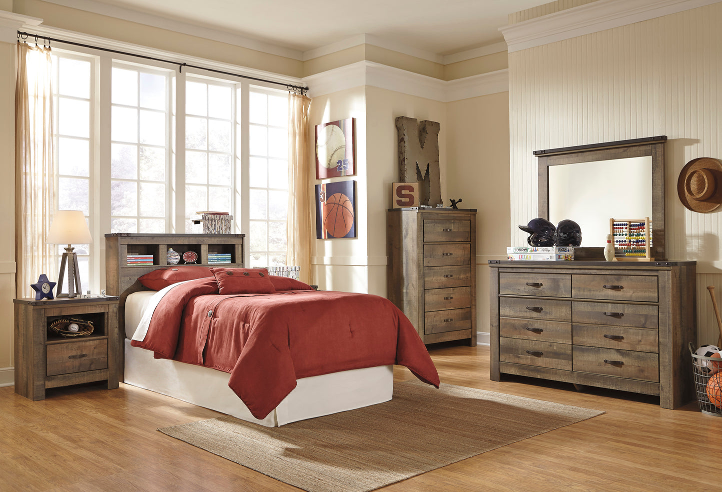 Ashley Trinell 6PC Bedroom Set Full Bookcase Headboard Two Nightstand Dresser Mirror Chest in Brown