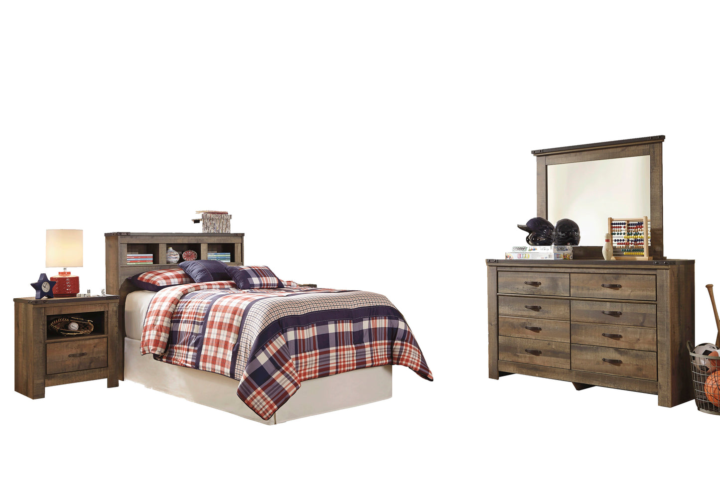 Ashley Trinell 4PC Bedroom Set Full Bookcase Headboard One Nightstand Dresser Mirror in Brown