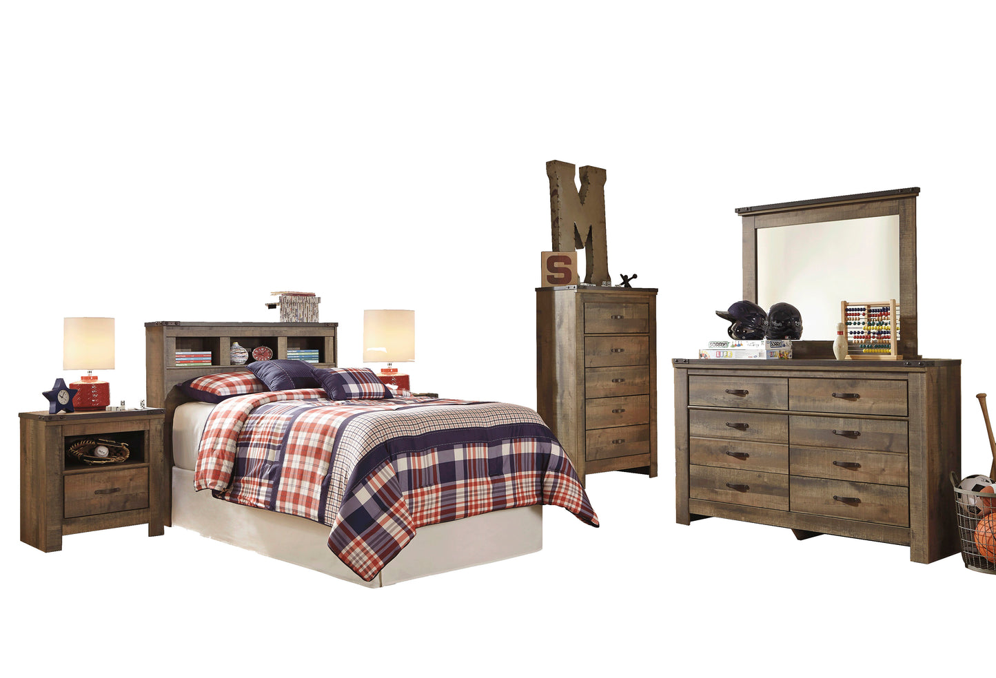 Ashley Trinell 6PC Bedroom Set Twin Bookcase Headboard Two Nightstand Dresser Mirror Chest in Brown
