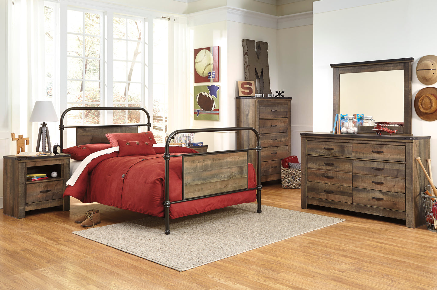 Ashley Trinell 6PC Bedroom Set Twin Metal Bed Two Nightstand Dresser Mirror Chest in Brown