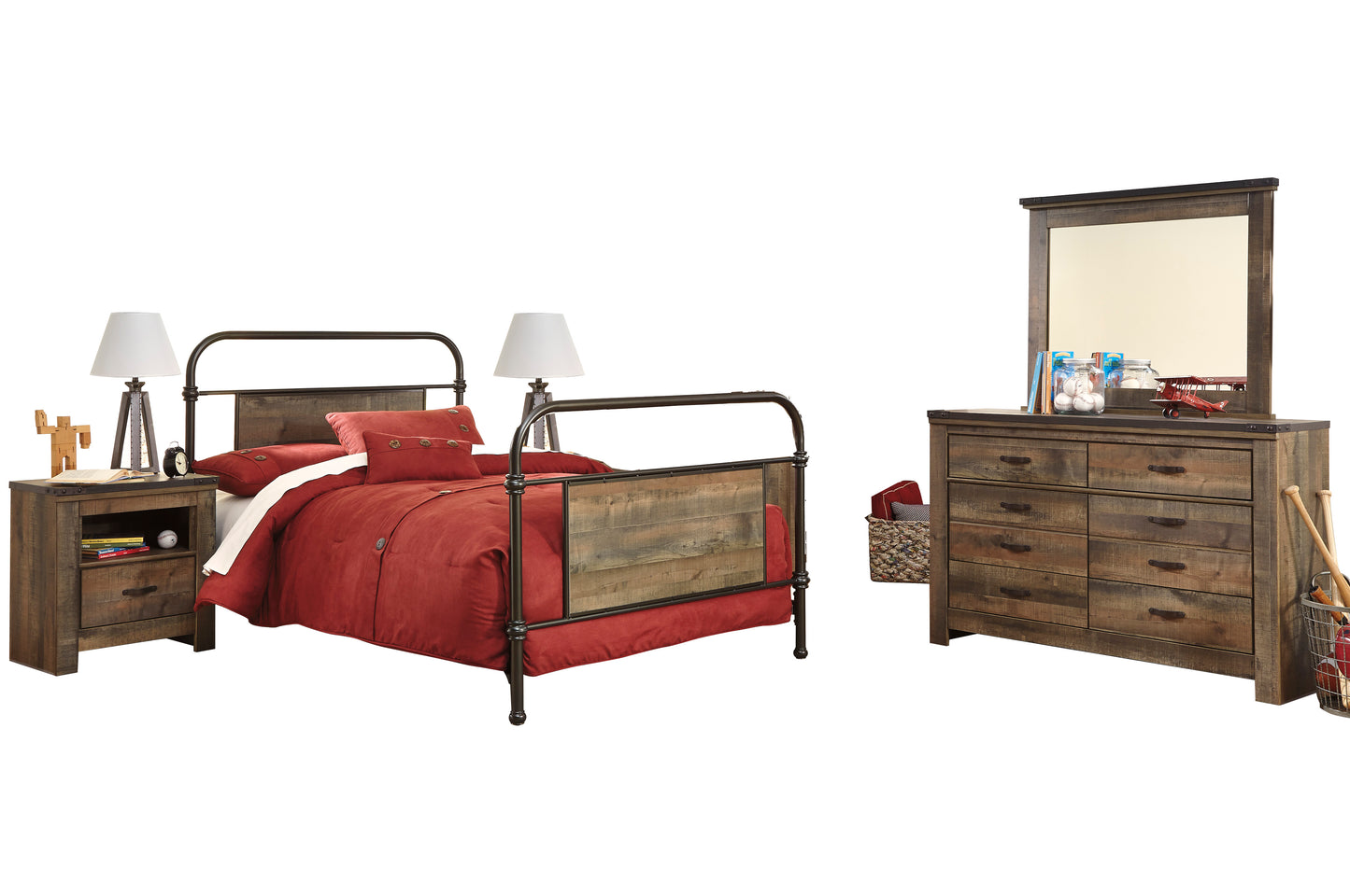 Ashley Trinell 5PC Bedroom Set Twin Metal Bed Two Nightstand Dresser Mirror in Brown