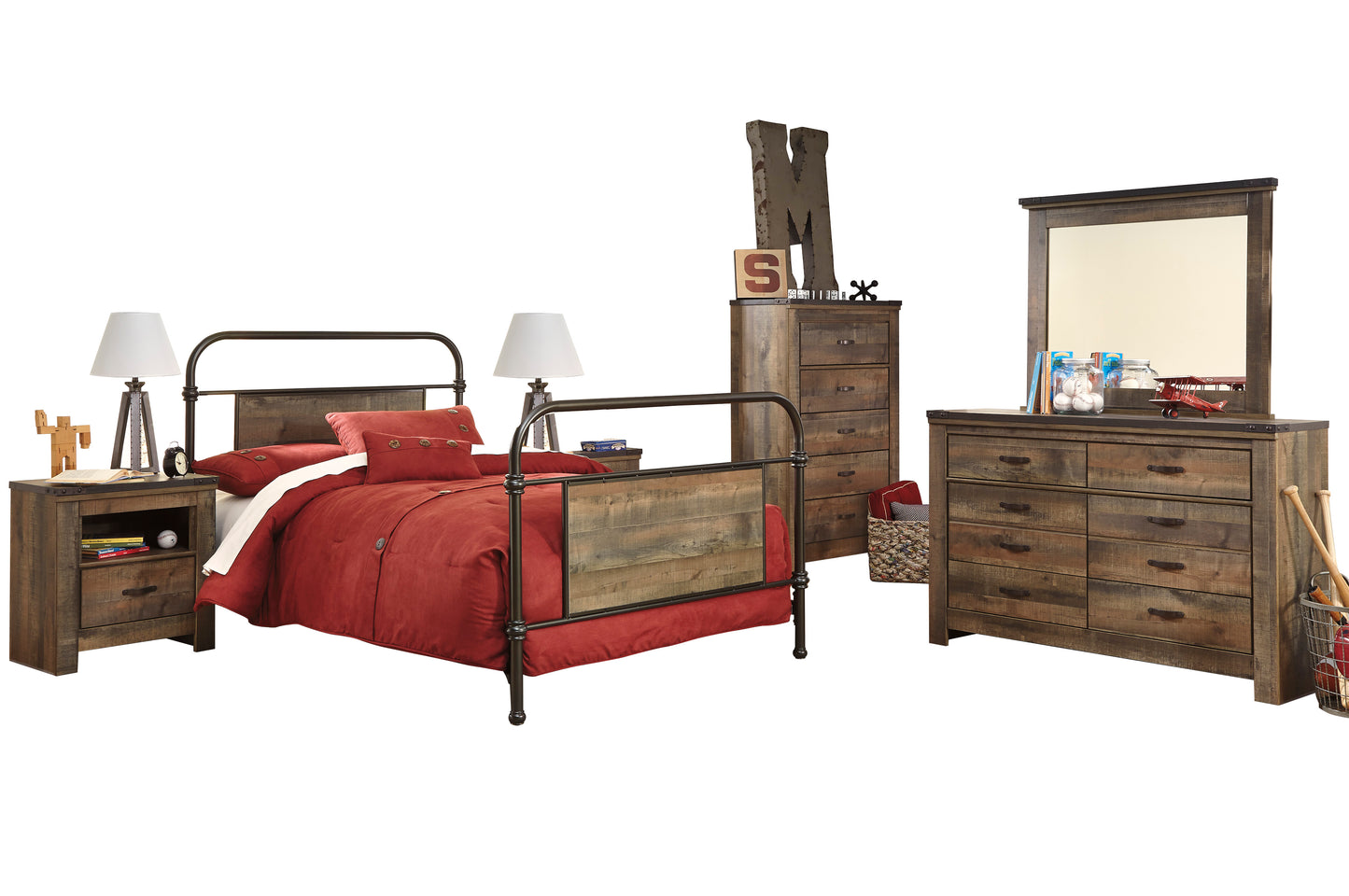 Ashley Trinell 6PC Bedroom Set Twin Metal Bed Two Nightstand Dresser Mirror Chest in Brown