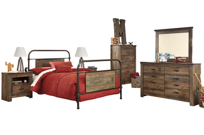 Ashley Trinell 6PC Bedroom Set Full Metal Bed Two Nightstand Dresser Mirror Chest in Brown