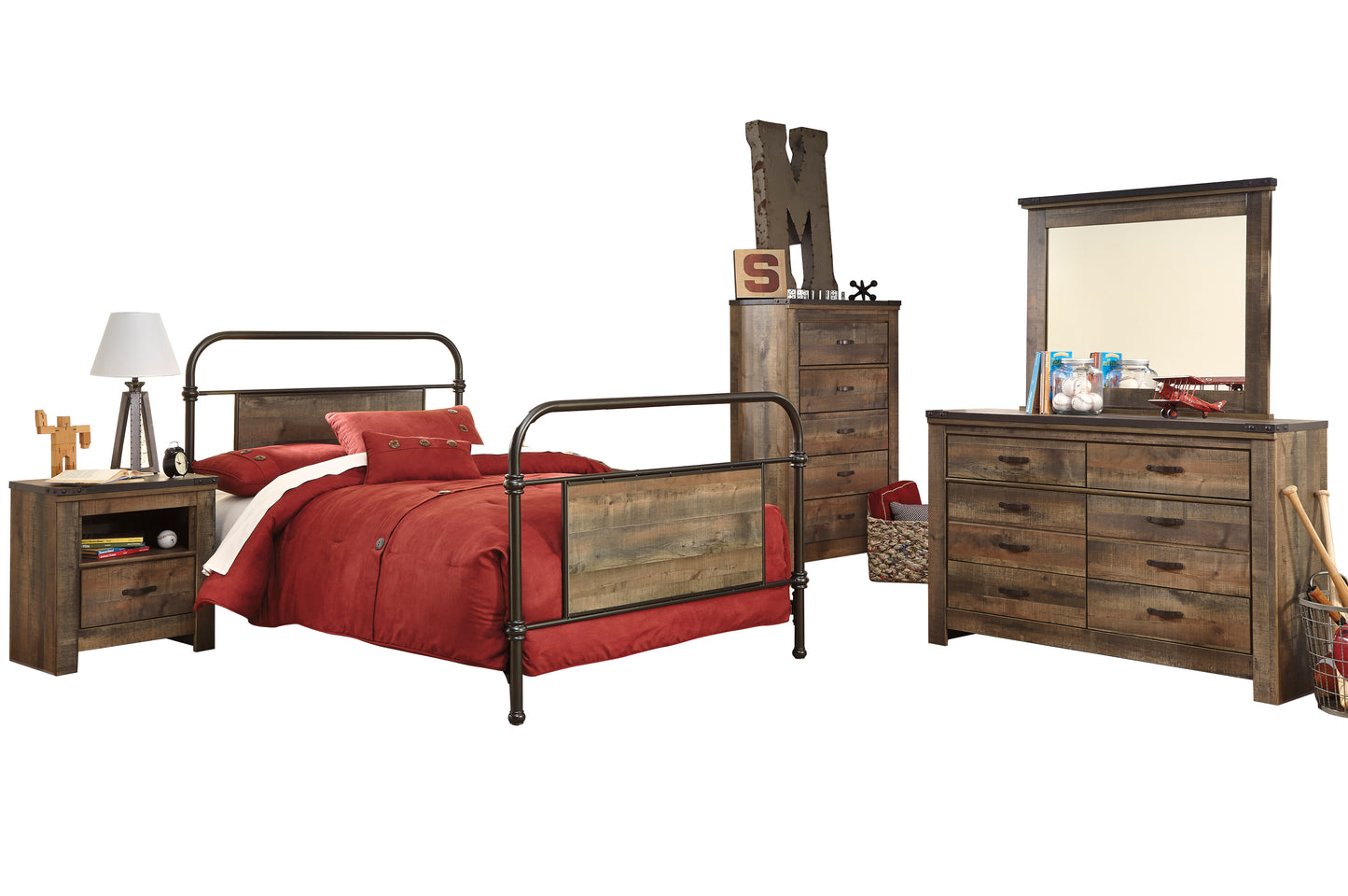 Ashley Trinell 5PC Bedroom Set Twin Metal Bed One Nightstand Dresser Mirror Chest in Brown