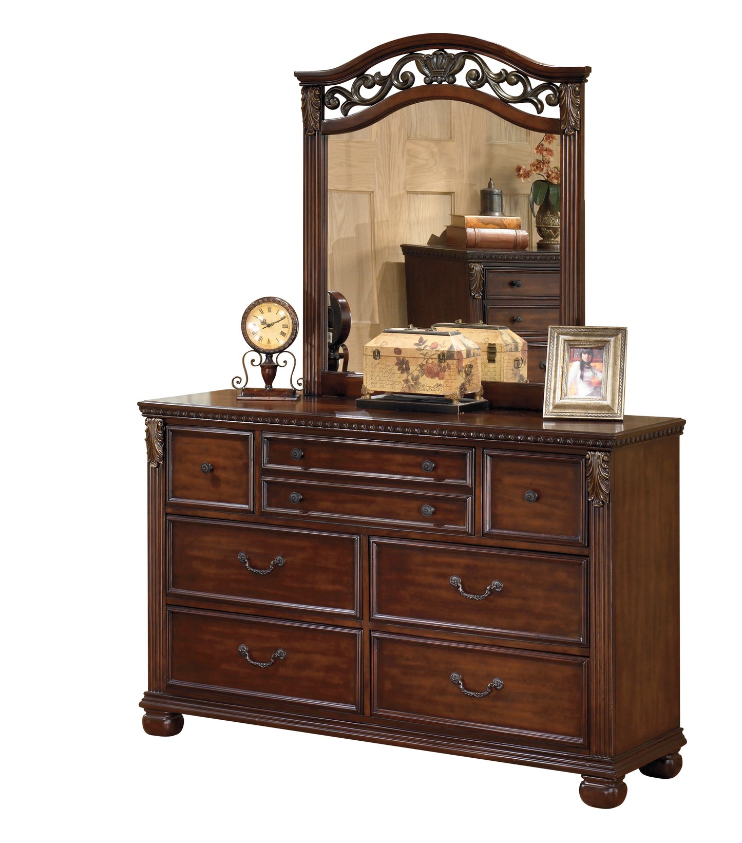 Ashley Leahlyn 5PC Bedroom Set Cal King Panel Bed Dresser Mirror Two Nightstand in Warm Brown