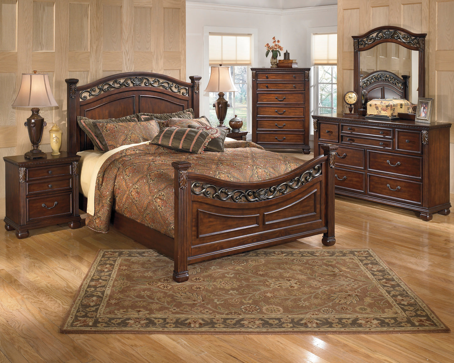 Ashley Leahlyn 5PC Bedroom Set Cal King Panel Bed Dresser Mirror Two Nightstand in Warm Brown