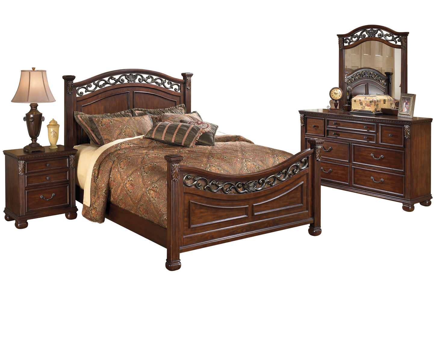 Ashley Leahlyn 4PC Bedroom Set Cal King Panel Bed Dresser Mirror One Nightstand in Warm Brown