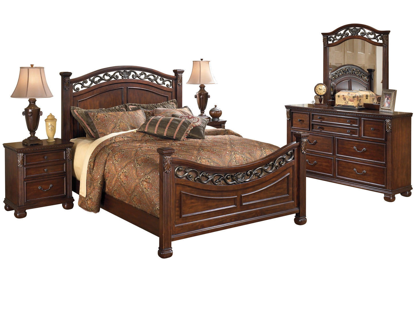 Ashley Leahlyn 5PC Bedroom Set E King Panel Bed Dresser Mirror Two Nightstand in Warm Brown