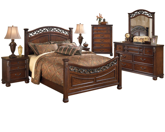 Ashley Leahlyn 6PC Bedroom Set Queen Panel Bed Dresser Mirror Two Nightstand Chest in Warm Brown