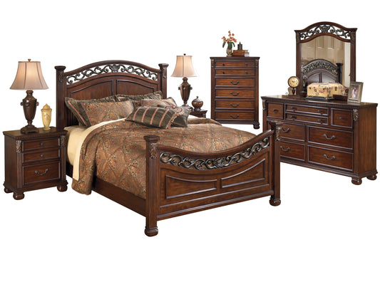 Ashley Leahlyn 6PC Bedroom Set Cal King Panel Bed Dresser Mirror Two Nightstand Chest in Warm Brown