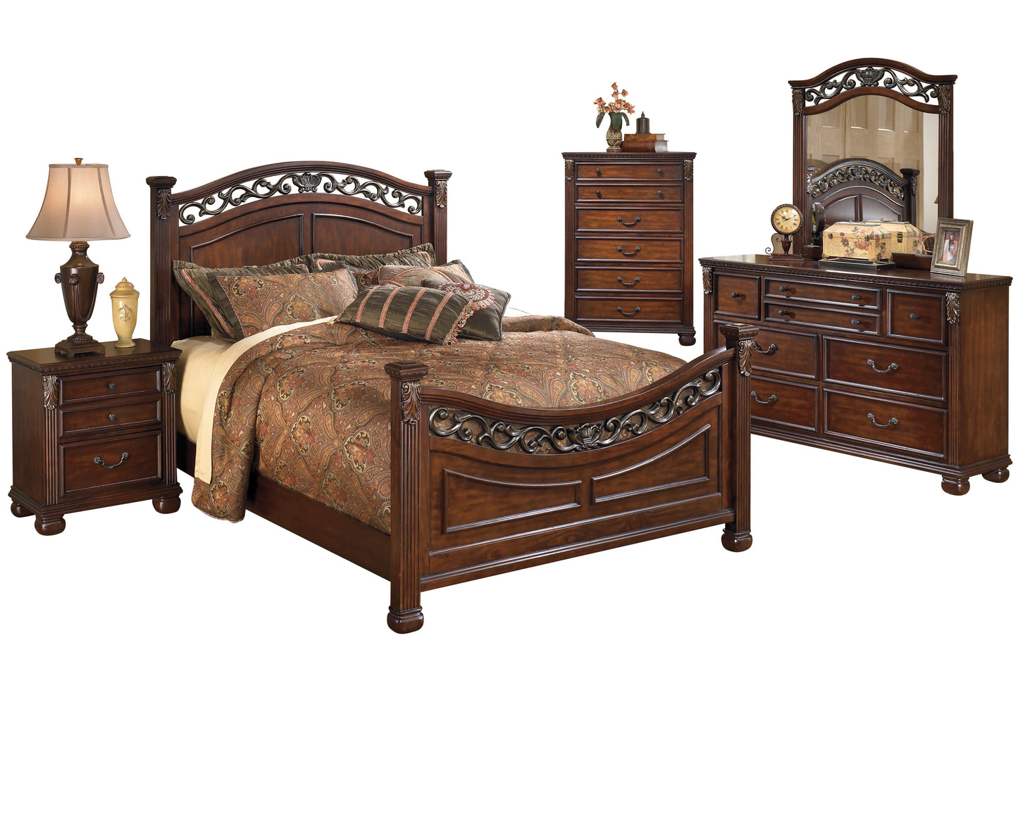 Ashley Leahlyn 5PC Bedroom Set Cal King Panel Bed Dresser Mirror One Nightstand Chest in Warm Brown