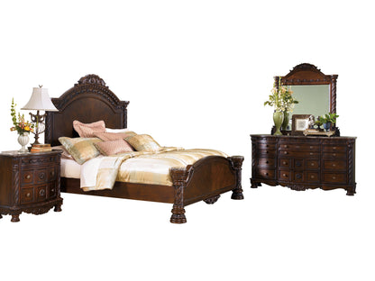 Ashley North Shore 4PC Bedroom Set Cal King Panel Bed Dresser Mirror One Nightstand in Dark Brown