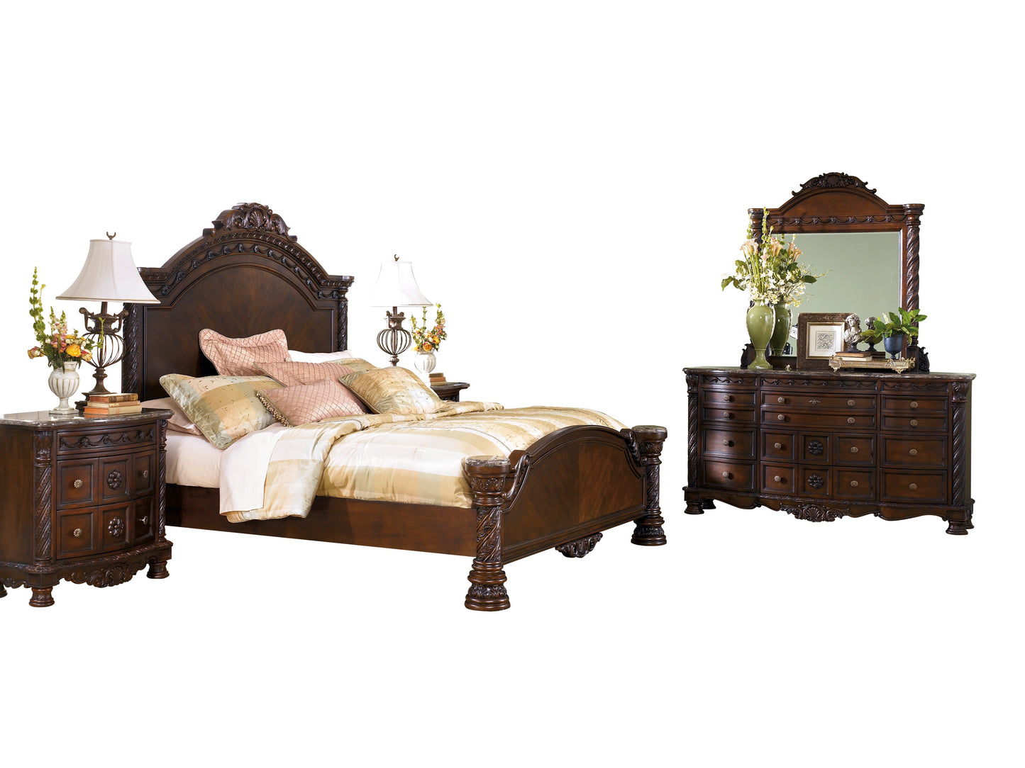 Ashley North Shore 5PC Bedroom Set Cal King Panel Bed Dresser Mirror One Nightstand Chest in Dark Brown