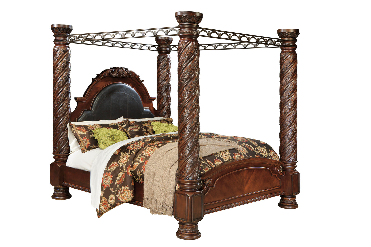 Ashley North Shore 4PC Bedroom Set E King Poster Canopy Bed Dresser Mirror One Nightstand in Dark Brown