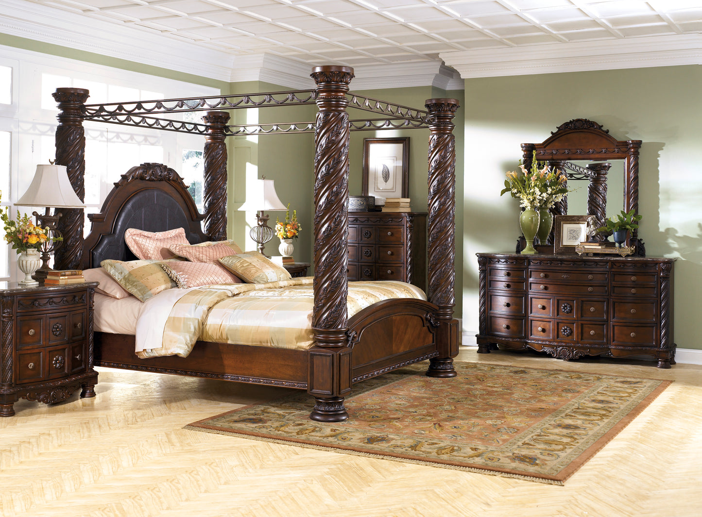 Ashley North Shore 4PC Bedroom Set Cal king Poster Canopy Bed Dresser Mirror One Nightstand in Dark Brown