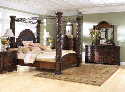 Ashley North Shore 4PC Bedroom Set E King Poster Canopy Bed Dresser Mirror One Nightstand in Dark Brown