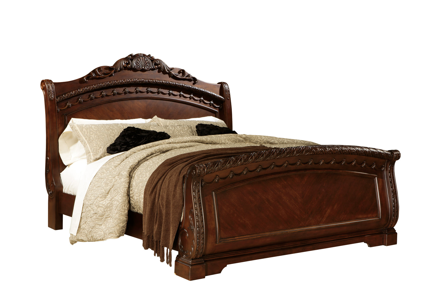 Ashley North Shore 4PC Bedroom Set Cal King Sleigh Bed Dresser Mirror One Nightstand in Dark Brown