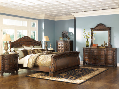 Ashley North Shore 6PC Bedroom Set Cal King Sleigh Bed Dresser Mirror Two Nightstand Chest in Dark Brown