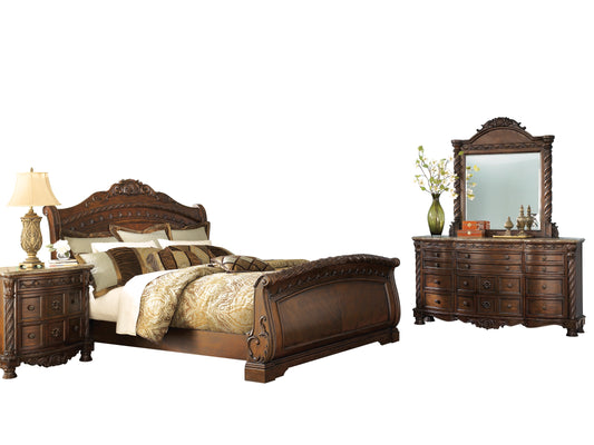 Ashley North Shore 4PC Bedroom Set E King Sleigh Bed Dresser Mirror One Nightstand in Dark Brown