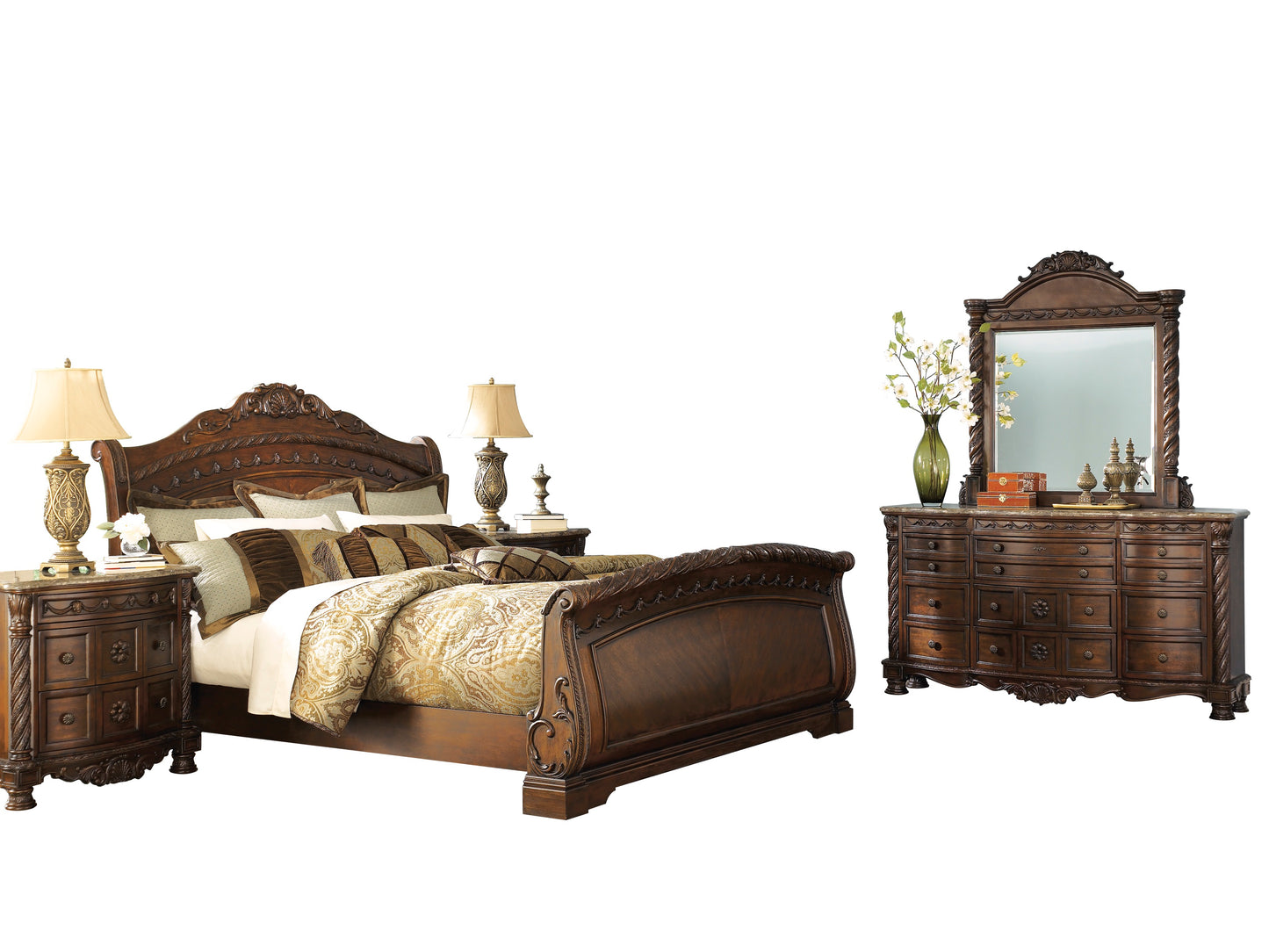 Ashley North Shore 5PC Bedroom Set Queen Sleigh Bed Dresser Mirror One Nightstand Chest in Dark Brown
