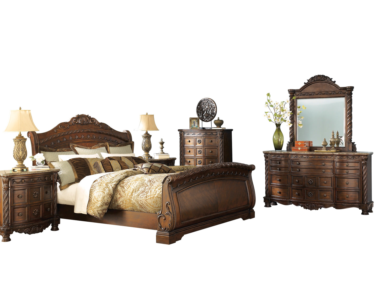 Ashley North Shore 6PC Bedroom Set Cal King Sleigh Bed Dresser Mirror Two Nightstand Chest in Dark Brown