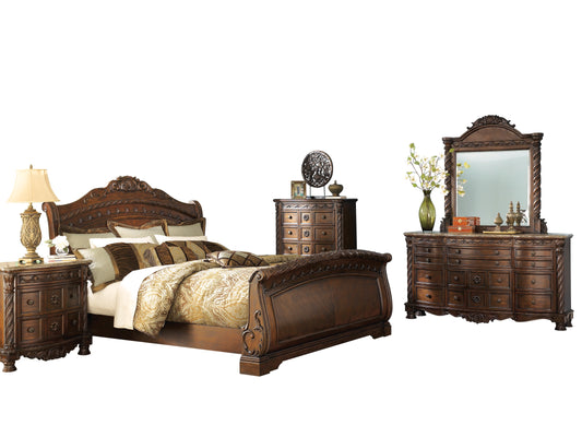 Ashley North Shore 5PC Bedroom Set E King Sleigh Bed Dresser Mirror One Nightstand Chest in Dark Brown