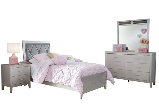 Ashley Olivet 4PC Bedroom Set Twin Panel Bed One Nightstand Dresser Mirror in Silver