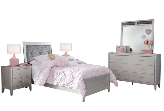 Ashley Olivet 5PC Bedroom Set Twin Panel Bed Two Nightstand Dresser Mirror in Silver